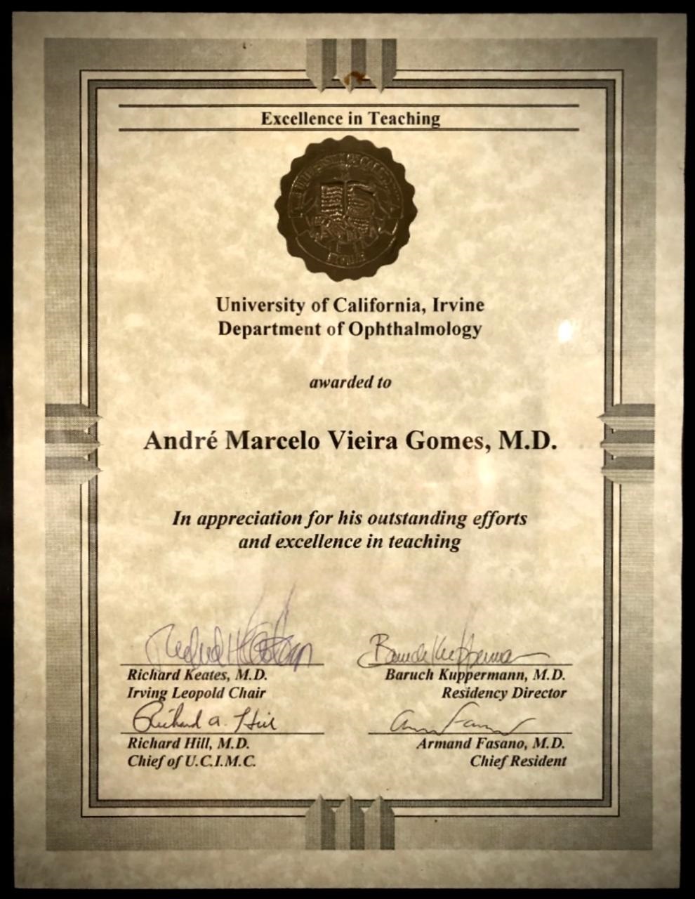 Excellence in Teaching — University of California, Irvine — Department of Ophthalmology, 1994
